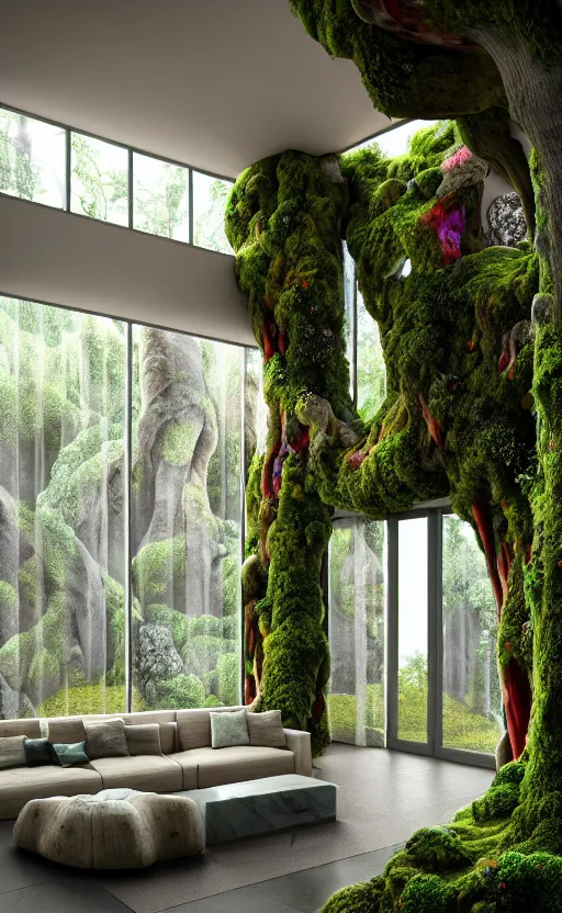 Image similar to highly detailed villa natural beautiful light interior soft cinematic composition of a smooth ceramic porcelain biomorphic magnolia stone nebula fluid sci - fi surreal colorful architecture landscape, furniture, granite, trees, marble, moss, lichen, fungi, vincent callebaut composition, mamou - mani, archviz, 8 k, unreal engine, hdr