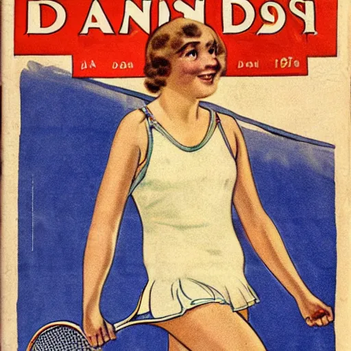 Image similar to a 1 9 2 8 cover of a danish magazine. happy, healthy, beautiful, smiling, young, sporty, glowing woman in decent athletic wear playing tennis. realistic detailed color drawing