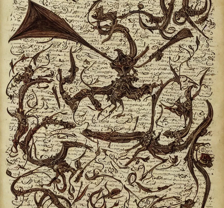 Image similar to estrange calligraphy, detailed, medieval, scary, fred rambaud, high detail, dramatic, blood letter, infographic, textbook, specimens, hortorium, scientific study