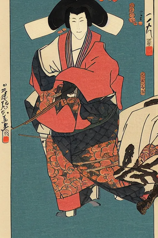 Image similar to a little - known commission from a famous ukiyo - e artist depicts the fursona of tokugawa ieyasu, furry shogun, tokugawa era watercolor illustration