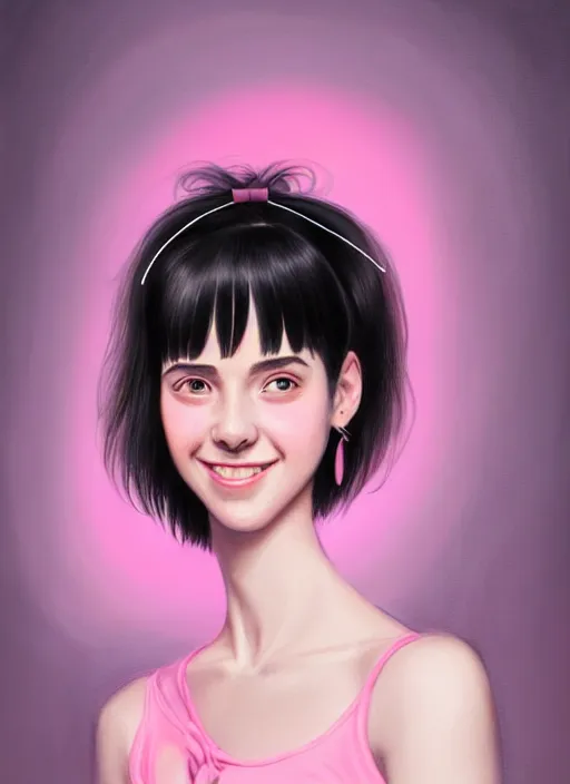 Image similar to portrait of high school girl, realistic, black hair, bangs, half updo hairstyle, pointy nose, skinny, smile, ugly, defined jawline, big chin, pink hair bow, earrings, intricate, elegant, glowing lights, highly detailed, digital painting, artstation, sharp focus, illustration, art by wlop, mars ravelo and greg rutkowski