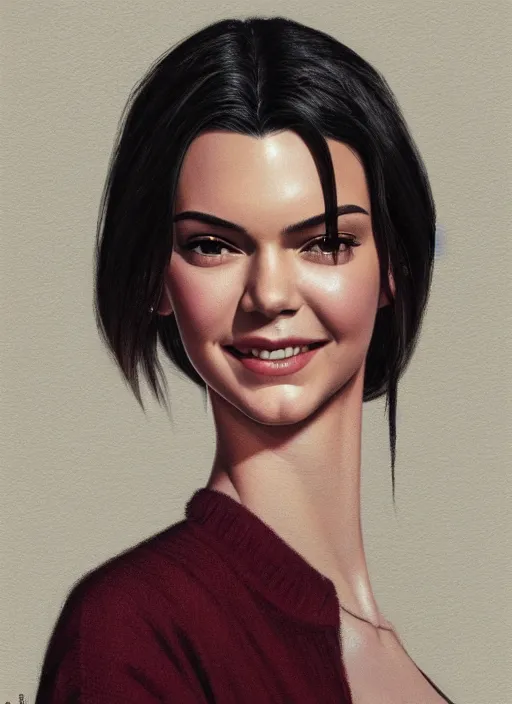 Prompt: twin peaks movie poster art, portrait of a smiling kendall jenner, from scene from twin peaks, clean, simple illustration, nostalgic, domestic, highly detailed, digital painting, artstation, concept art, smooth, sharp focus, illustration, artgerm, donato giancola, joseph christian leyendecker, wlop