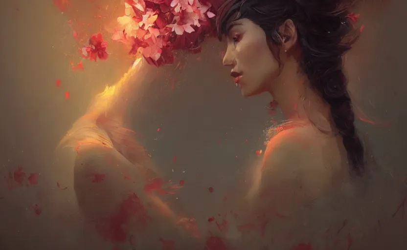 Image similar to a painting of jasmine trending on artstation in the style of greg rutkowski, beautiful, sensual, flower, portrait, adorable, alter, hell, fire hair