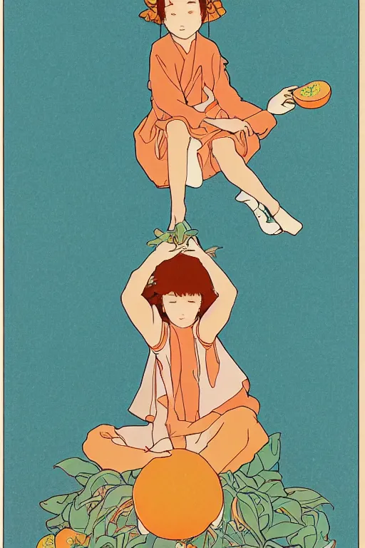 Image similar to a Girl in a sitting on the ground and Hands on knees and Slices of orange and microphones float around her ,Visual Communication Design by studio ghibli and mucha ,Refreshing colour