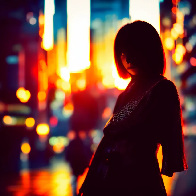 Image similar to a photo close up cyberpunk mysterious woman stands in a cyberpunk hiroshima, prefecture streets, sunset, photorealistic, cinematic lighting, highly detailed, bokeh, style by tomino - sama