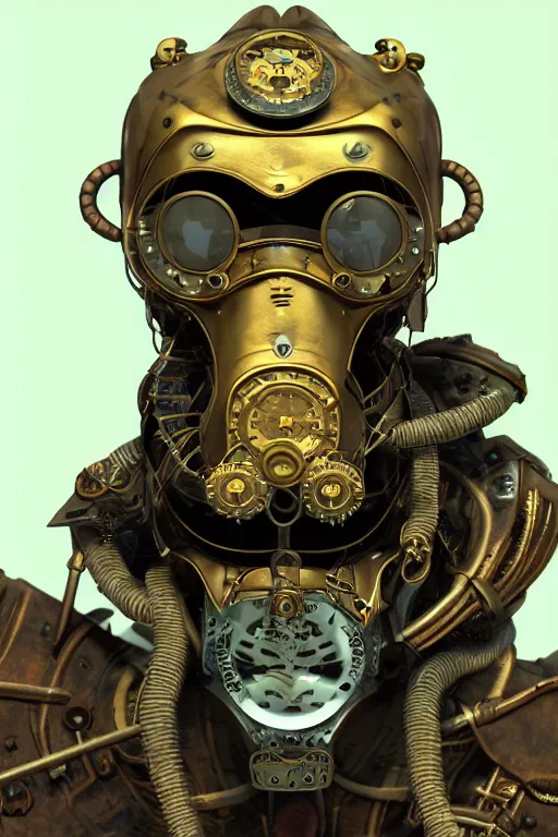 Image similar to steampunk mask minimalist fantasy art robot ninja helmet, global illumination ray tracing hdr fanart arstation by sung choi and eric pfeiffer and gabriel garza and casper konefal radiating a glowing aura