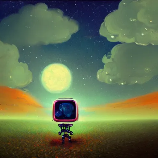 Prompt: robot under the tree surreal photography, dark night, stars, moon light, impressionist painting, clouds, digital painting, artstation, simon stalenhag