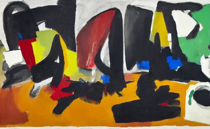 Image similar to painting in the style of ivon hitchins and john craxton. still life on a table. seated figure. studio lighting. large hands drawing on painting, brush marks. holding. expressive abstracted figures. ai