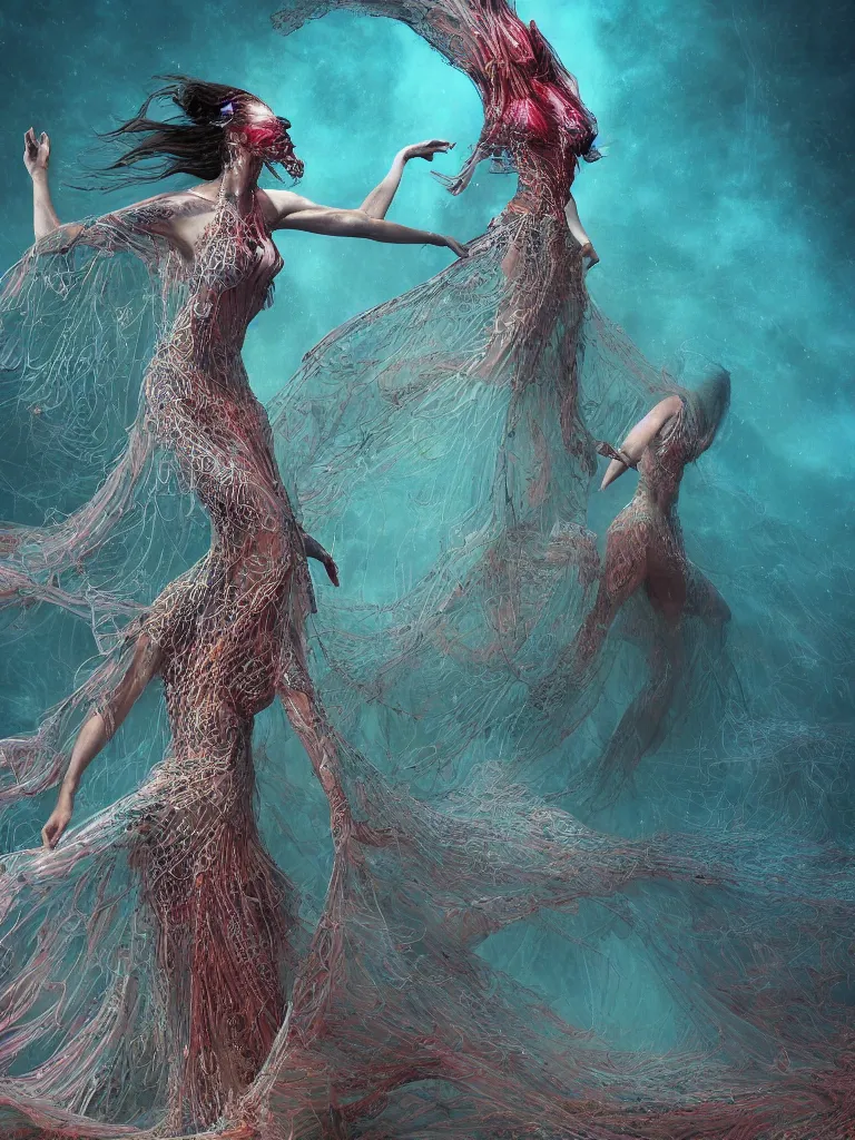 Prompt: a beautiful rendering of an underwater bellydancer with extremely long haute couture dress like a beta fish fins, weightless, by dan mumford and beksinski, deep color, fine bubbles, cryengine, 8 k, extreme detail, full subject in frame and view, epic scale, dress designed by iris van herpen and alexander mcqueen, slow motion fashion, low key lighting