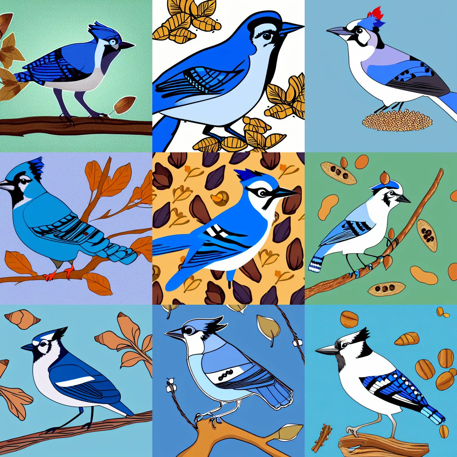 Prompt: blue jay with a pile of acorns, digital art, clean style, detailed 2 d vector art, shutterstock, svg