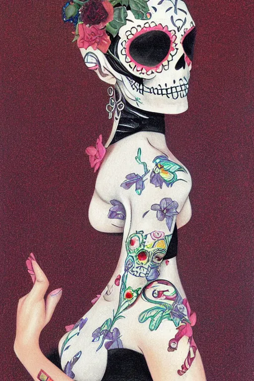 Image similar to Illustration of a sugar skull day of the dead girl, art by ralph mcquarrie