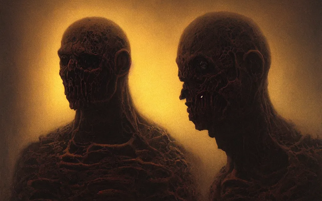 Image similar to portrait of doom guy, by Zdzislaw Beksinski, gothic, amazing details, volumetric lighting, 8k, cold hue's, warm tone gradient background