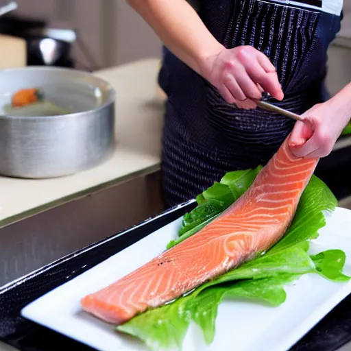 Prompt: salmon preparing salmon sashimi,