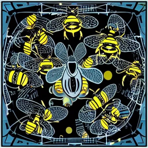 Image similar to mechanical, cybertronic bees, metallic, glowing