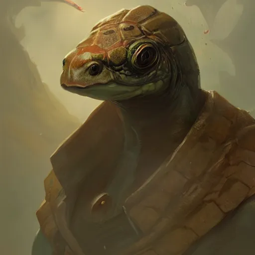 Image similar to anthropomorphic turtle hero, greg rutkowski