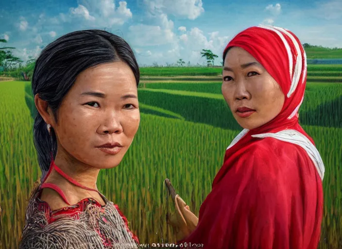 Image similar to realistic portrait photorealistic, background in the rice fields. indonesian woman in clothes made of rice straw, wearing a red and white bandana. fine art, trending on artstation, smooth draw, sharp focus, good lighting, no anomalies.