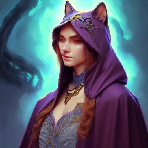 Prompt: portrait of cat wizard wearing a hood, face, fantasy, intricate, elegant, highly detailed, digital painting, artstation, concept art, smooth, sharp focus, illustration, art by artgerm and greg rutkowski and alphonse mucha