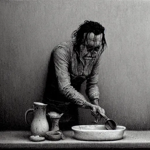 Image similar to Johny Depp washing dishes by Zdzislaw Beksinski