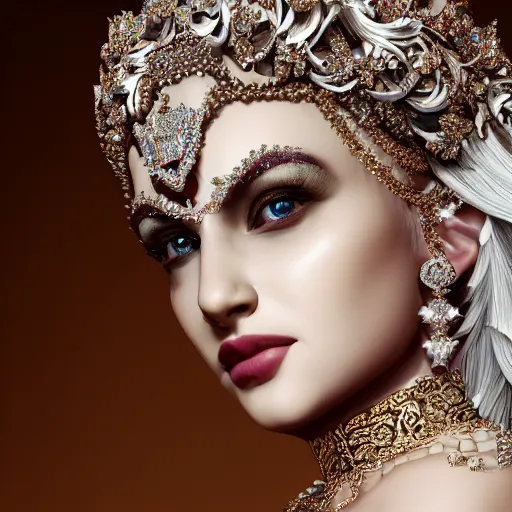 Image similar to portrait of pretty princess with white hair, beauty, ornate and intricate diamond jewelry, glowing, jaw dropping, ornate and intricate backdrop, white accent lighting, hyper detailed, 4 k octane render