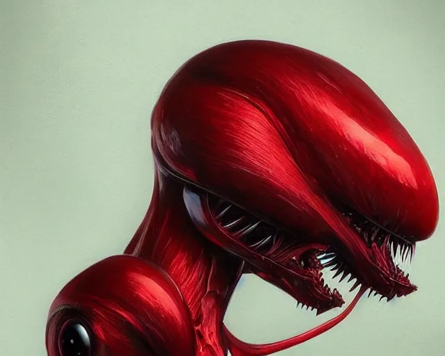 Image similar to alien creature, red, eyes growing on creature, spindly ; high detailed artwork by ilya kuvshinov ; sci - fi, detailed, scary, dangerous ; trending on artstation!!