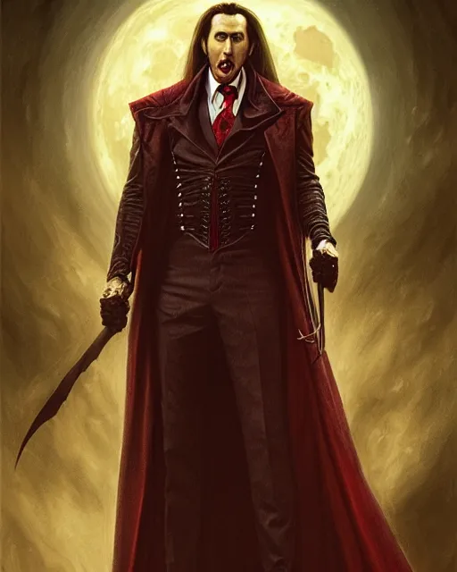 Prompt: nicolas cage as dracula, blood moon, highly detailed, centered, artstation, concept art, smooth, sharp focus, illustration, bokeh art by artgerm and donato giancola and joseph christian leyendecker