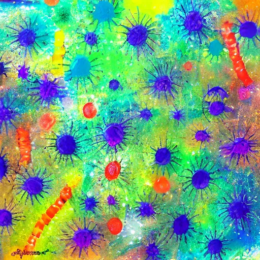 Image similar to a field of fireflies, colorful, ethereal, mixed media, paint, collage, bright