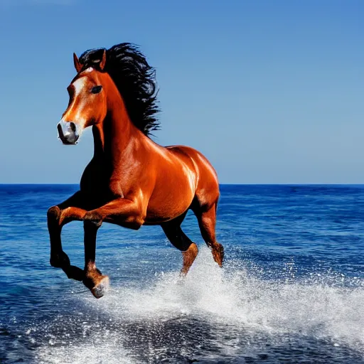 Image similar to a horse prancing in the ocean, cinematic shot