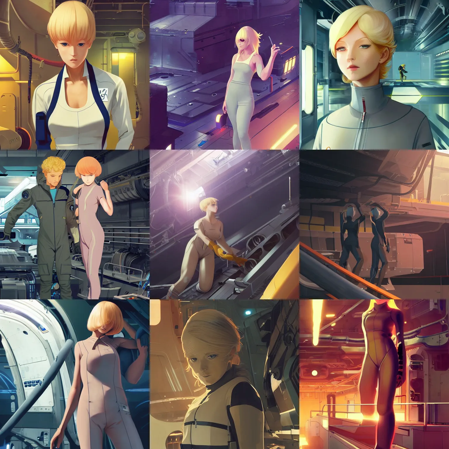 Prompt: spaceship mechanic at work in a busy docking bay, blonde, jumpsuit, finely illustrated face, highly detailed, matte, kyoto animation, tankobon, in the style of ilya kuvshinov and krenz cushart and william - adolphe bouguereau