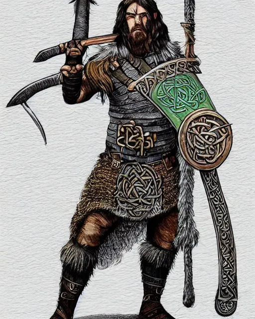 Prompt: full body character design reference art of Eoghaill of the Murine Hordes, a La Tene Culture Celtic chieftain and warrior, resplendent and proud of bearing, long black hair, hirstute and muscled, wielding a Celtic longsword. Has a rat familiar. high quality, high detail, realistic historical gouache illustration, in the style of: Angus McBride, Rebecca Guay, and Michael William Kaluta.