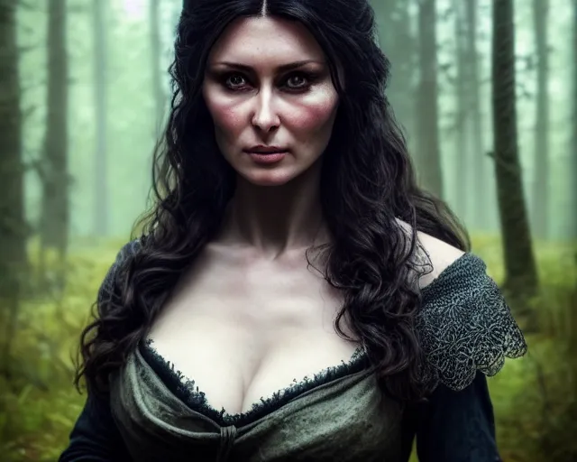 Image similar to 5 5 mm portrait photo of olga kurilenko as real life tough looking yennefer of vengerberg, in a forest. magical atmosphere. art by greg rutkowski. highly detailed 8 k. intricate. lifelike. soft light. nikon d 8 5 0.