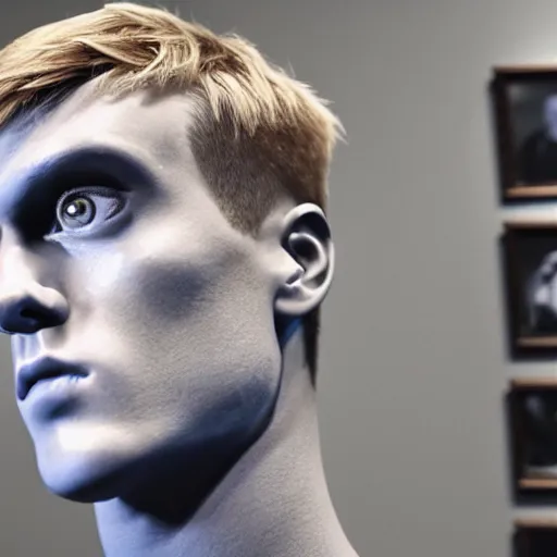 Image similar to a realistic detailed photo of a guy who is an attractive humanoid who is half robot and half humanoid, who is a male android, youtuber jake paul, shiny skin, posing like a statue, blank stare, at the museum, on display