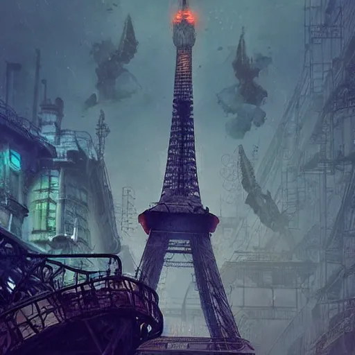 Prompt: a steampunk eiffel tower in heaven, steampunk dirty world, by wlop, greg rutkowski and beeple