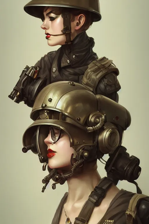 Image similar to dieselpunk soldier girl, helmet, shoulders, chest, portrait, armored, highly detailed, sharp focus, art, illustrations by wlop and ayanamikodon and irakli nadar and loish and rossdraws