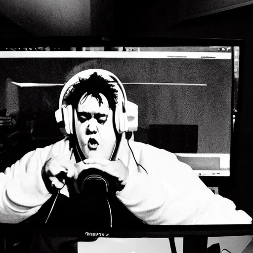 Image similar to obese Robert Smith wearing a headset yelling at his monitor while playing WoW highly detailed wide angle lens 10:9 aspect ration award winning photography by David Lynch