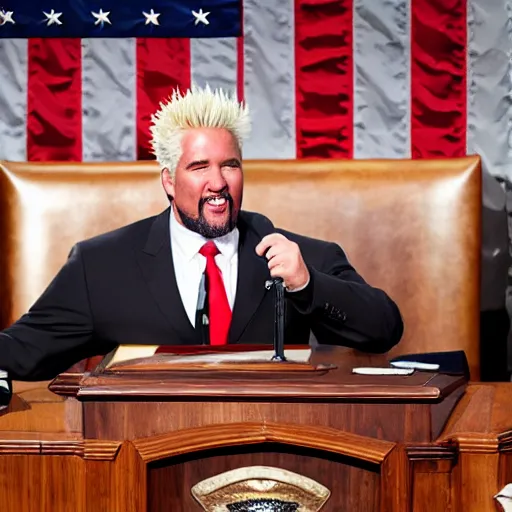 Prompt: President Guy Fieri giving State of the Union Address, symmetrical face!!, cinematic lighting, award winning photo, press photo, kodak 2383 film