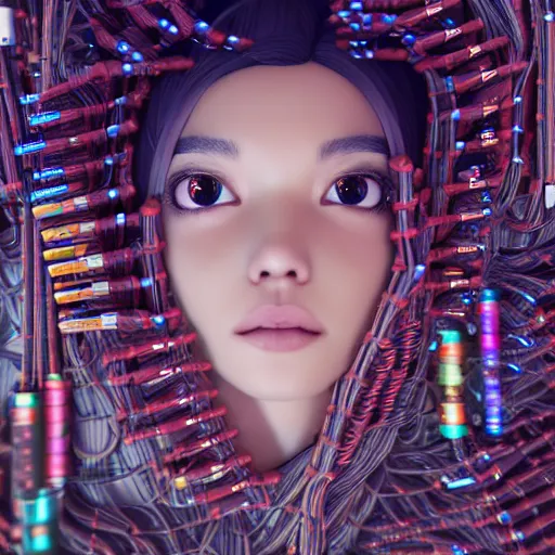 Image similar to piles of modular synth cables mixed with mangrove roots, kawaii puerto rican goddess staring through your soul wearing a headpiece made of circuit boards, by makoto shinkai, masamune, and stanley kubrick, unique perspective, eastman color, trending on artstation, cinematic, 3 d render, photorealistic