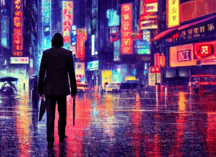 Image similar to cinematic shot of John Wick walking on the streets of Tokyo, rainy streets, neon lights, LEDs, concept art oil painting by Jama Jurabaev, extremely detailed, brush hard, artstation