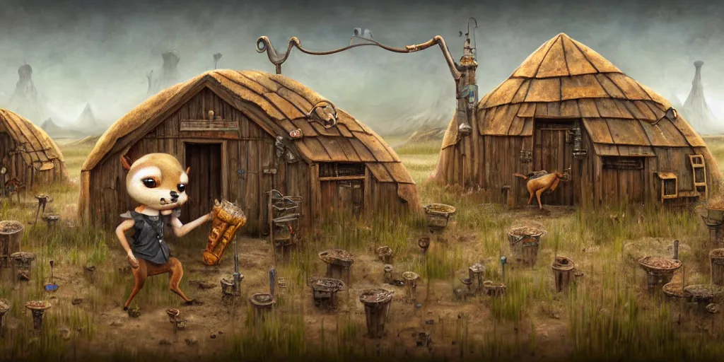 Image similar to anthropomorphic doe is visiting a post - apocalyptic merchant town of flower huts in the salt dunes, matte oil painting, extreme body modification, badlands, rust, retrofutistic, science fantasy, rpg, roguelike, epic, plants, extremely detailed, sharp focus, 4 k