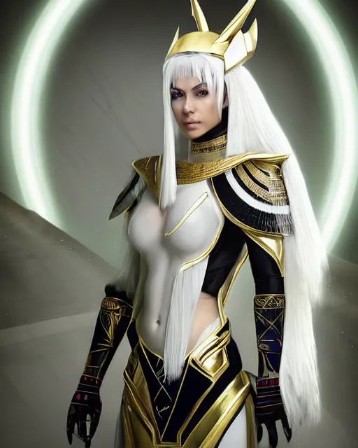 Image similar to perfect white haired attractive egyptian goddess, warframe armor, pharaoh headdress, beautiful, symmetric, dreamy, half asian, pretty face, green eyes, charlize theron, detailed, scifi platform, laboratory, experiment, 4 k, ultra realistic, epic lighting, android body, illuminated, cinematic, masterpiece, art by akihito tsukushi, voidstar