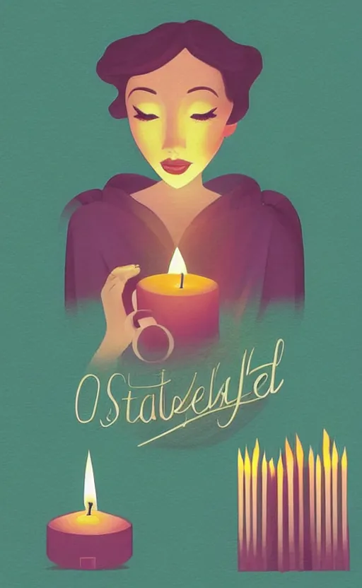 Image similar to illustration with a set of beautiful scented candles, close - up photo in cozy interior, candle lighting, glowing, pinterest, an art deco painting by tom whalen, trending on behance, art deco, digital illustration, storybook illustration, grainy texture, flat shading, vector art, airbrush, pastel, watercolor, poster