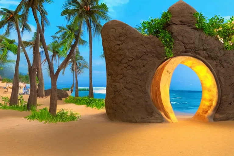 Image similar to a magical glowing portal in the middle of a city that leads to a beach, through the portal you can see a beach, portal game, realistic