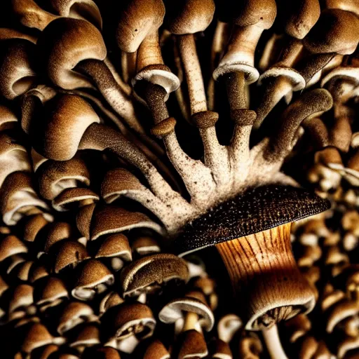 Image similar to torn mushroom cap, bottom view, clearly visible lamellae, black background, hyper realistic, photography, colorfull, 8k, epic composition