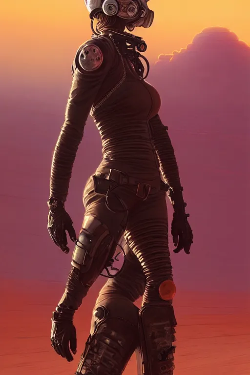 Prompt: a ultradetailed beautiful panting of post apocalyptic woman biker with helmet in front of burning desert, anatomically correct, pretty face, high detailed face, by ilya kuvshinov, greg rutkowski and makoto shinkai, trending on artstation