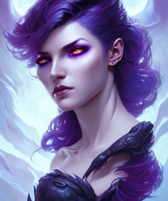 Image similar to Beautiful female lycan portrait, sci-fi, fire eyes, face, blue and purple hair, fantasy, intricate, elegant, highly detailed, digital painting, artstation, concept art, smooth, sharp focus, illustration, art by artgerm and greg rutkowski and alphonse mucha