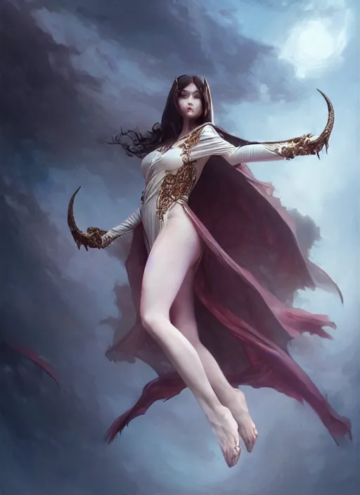 Image similar to desirable vampire girl floating in the air with silk cloth, fantasy, intricate, elegant, highly detailed, digital painting, artstation, concept art, matte, sharp focus, illustration, art by artgerm and greg rutkowski, dreadjim, zeen chin