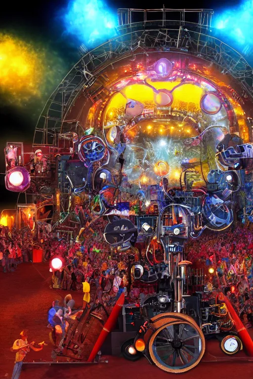 Prompt: a selfie at an outdoor festival stage with audience, on stage is a rockband with 3 steampunk robots with guitars and drums, center of the stage is a big steampunk generator, laser show, 8 k, fluorescent colors, halluzinogenic, multicolored, exaggerated detailed, unreal engine, 8 0 mm lens