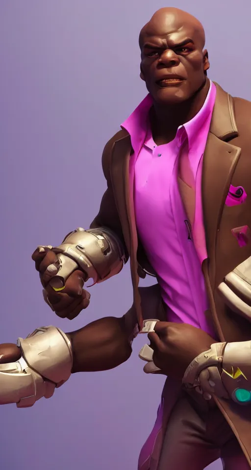 Image similar to doomfist, pink blazer, overwatch game, digital art, high detailed, artstation, octane render