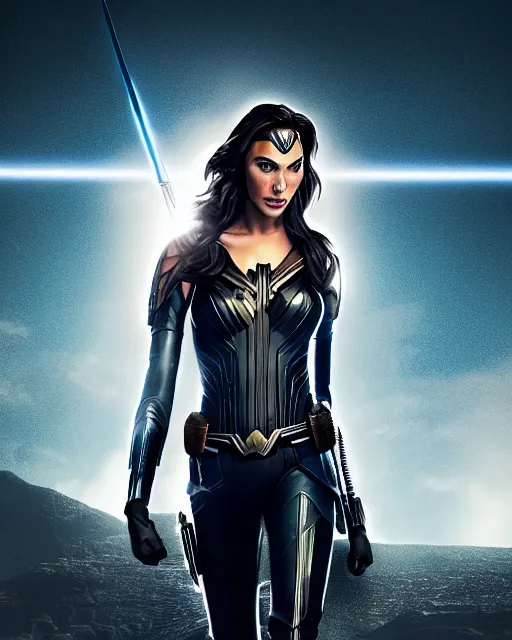 Image similar to gal gadot portraying a beautiful jaina solo from star wars legends, beautiful gal gadot jaina solo in a black suit, movie, hyper realistic, hollywood promotional image, imax, 8 k