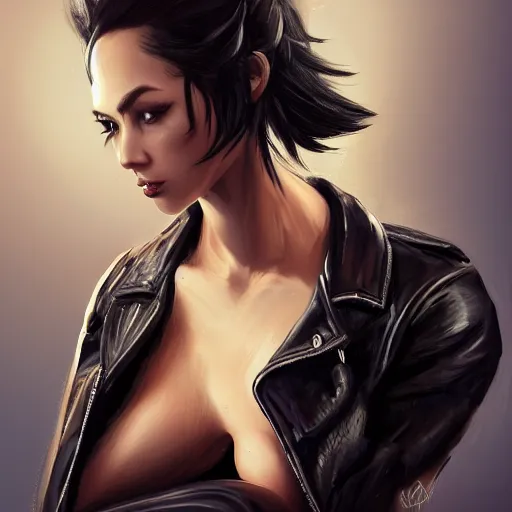 Image similar to a woman with black hair and a leather jacket sitting on a chair in a run down hotel room upset, muscular upper body, abs, d & d, fantasy, intricate, elegant, highly detailed, digital painting, artstation, concept art, smooth, sharp focus, illustration, unreal engine 5, face enhance, masterpiece