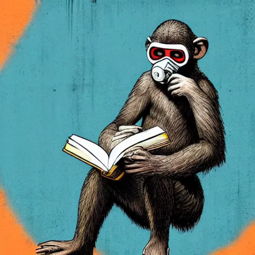 Image similar to a single Monkey reading a book, wearing a gas mask, graffiti, edge to edge, solid color background intricate, highly detailed, smooth, sharp focus, detailed face and body, high contrast